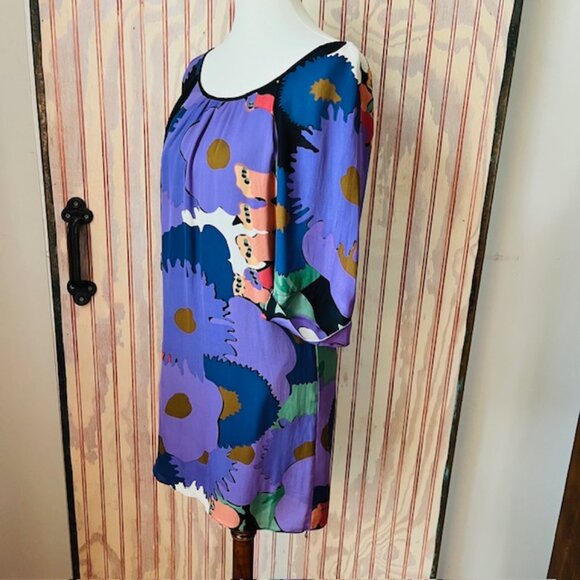Tibi‎ Silk Bold Floral Mini Tunic Dress Smock Neck Tie Back Size 2 Purple Navy - Picture 3 of 8